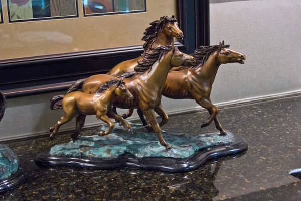 Four Horses Galloping Bronze Sculpture Stallions Running Marble Base